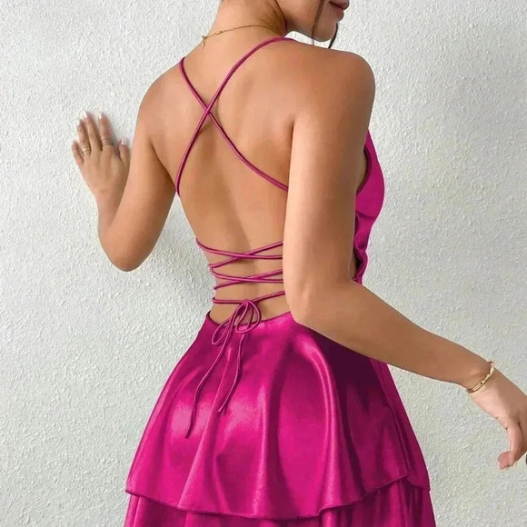 Hot Pink Sexy Women's Satin Backless Halter Neck Elegant Pleated Dress - Picture 8 of 8